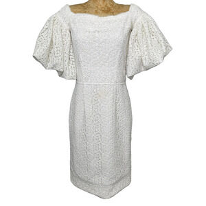 Costarellos Dress Womens US 8 Fr 40 White Embroidered Floral Sheath Puff Sleeve